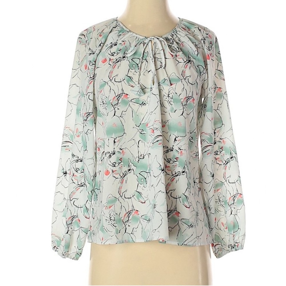 Sanctuary floral print long sleeve blouse white sage black red print tassel